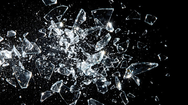 Sharp clear shattered mirror pieces with bright white light scattered on a dark black background. Ideal for concepts like brokenness, reflection, and contrast.