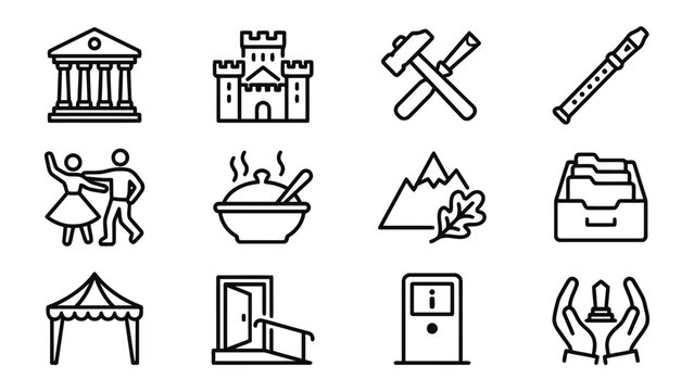 Slovak traditional culture and heritage symbols in minimalist line art pictograms
