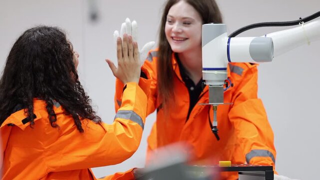 Female industrial engineer study inspection control robot arm machine in robotics engineering, Robotic learn operating, programming, troubleshooting quality control demonstrations of robotic arms. AI