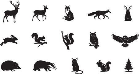 Obraz premium Silhouette Collection Of Woodland Forest Animals Including Deer Fox Rabbit Owl Squirrel And Hedgehog
