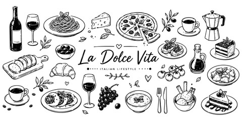 Fototapeta premium Hand drawn Italian whimsical doodle sketch clip art. Vintage La dolce vita (sweet life in Italian) icons. Crayon or brush drawn cheese, coffee cup, glass of wine with pasta, eggs or cheese.