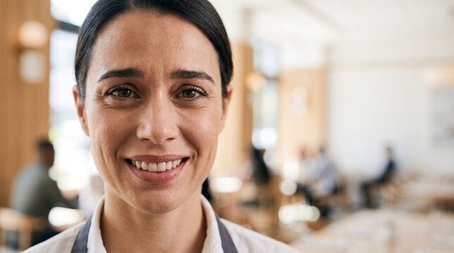 Female restaurant server with forced smile standing in dining room