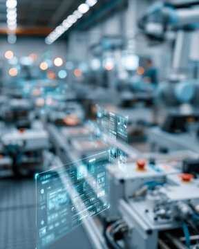 Futuristic factory floor glows with blue light. Floating digital screens display real-time production data. Robotic arms move precisely through automated lines