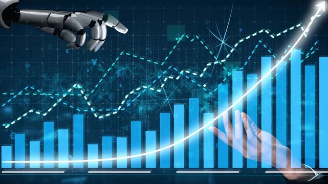 A robotic hand extends towards a business growth graph, symbolizing the connection between technology and data analytics for future success in finance and innovation. Copula