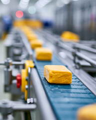 Fototapeta premium Yellow cheese blocks move along a factory conveyor belt. Metal machinery lines the production floor. Bright lighting illuminates industrial setting