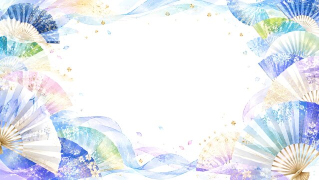 水流と扇子が波打つように周りを囲む和風の水彩風フレーム