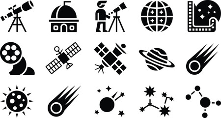 Astronomy and space exploration solid glyph icons set vector illustration containing telescope satellite planet comet observatory constellation © MDSAIFUL