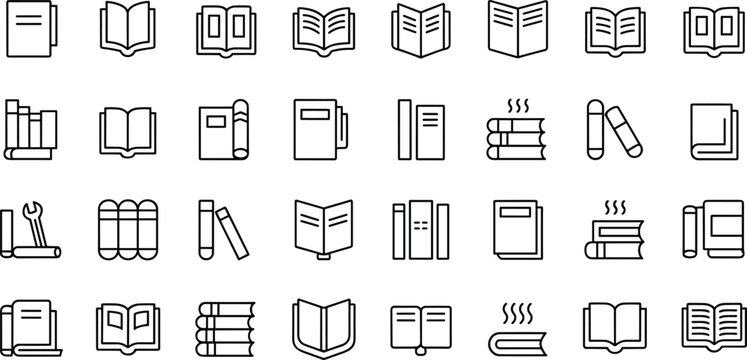 Book line icons set vector illustration containing open library notebook manual textbook dictionary for school education literature study