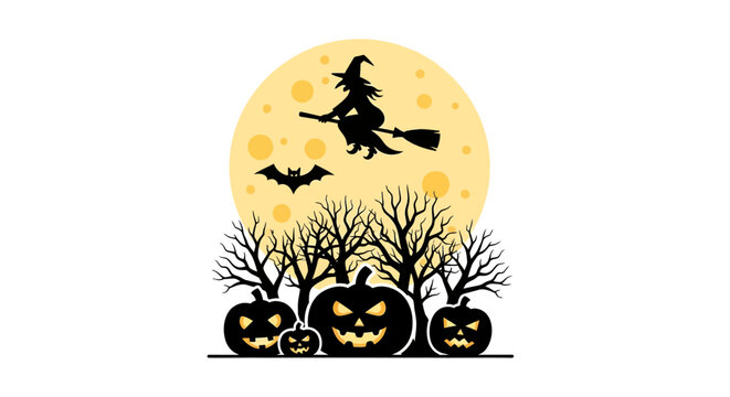 Halloween witch flying on broomstick.
