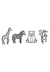 Obraz premium Set of Minimalist Animal Line Art Icons Featuring Giraffe Zebra Panda and Monkey for Creative Design Projects