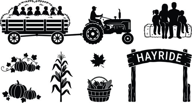 Autumn Hayride Farm Festival Silhouette Icon Set with Tractor Pumpkin Patch and Family