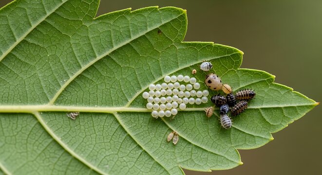 Ladybug eggs and larvae on leaf macro shot