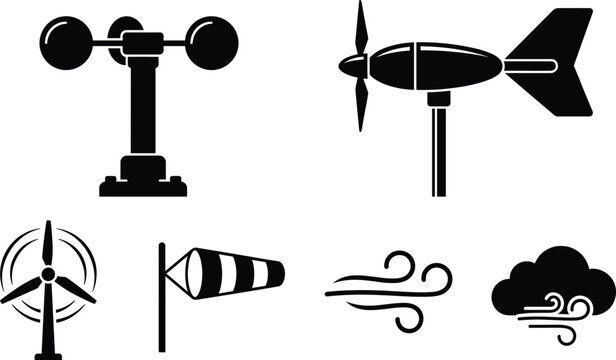 Meteorology Weather Station and Wind Measurement Icon Set with Anemometer and Vane Symbols