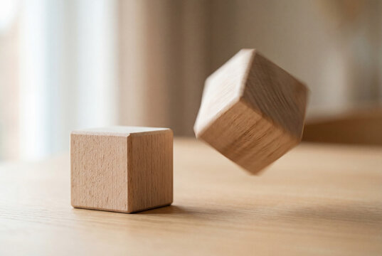 Blank wooden cube flipping in the air above a desk next to a resting wooden block