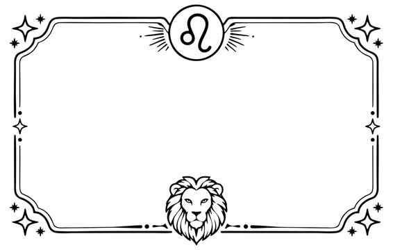 Leo zodiac sign frame with lion head illustration and decorative stars on white background layout