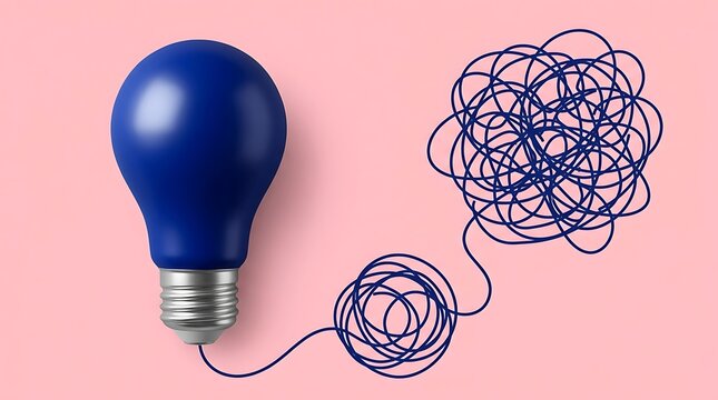 Bright blue lightbulb connects to a chaotic tangled drawn line on a pink background, symbolizing the messy creative brainstorming process.