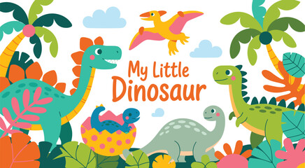 Cute Dinosaur Cartoon Vector Background Featuring Sweet Prehistoric Characters Baby Hatching Egg and Tropical Palm Trees for Children Nursery Room Wall Art Decor © MDSAIFUL