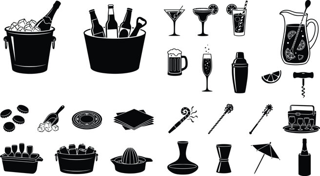 Bar Accessory and Party Drink Icon Set with Wine Bucket Cocktails and Shaker