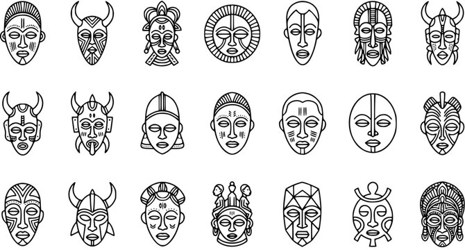 African tribal masks, line art icons, traditional cultural symbols for design