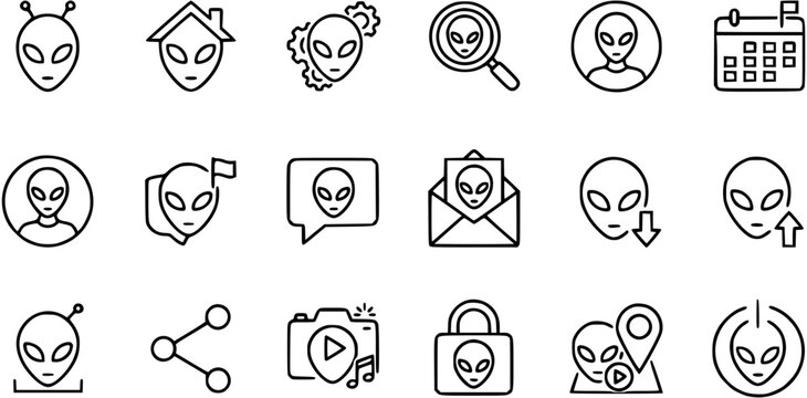 Alien Head Icons Black and White Line Art - Sci-Fi Symbols for UFO and Extraterrestrial Themes