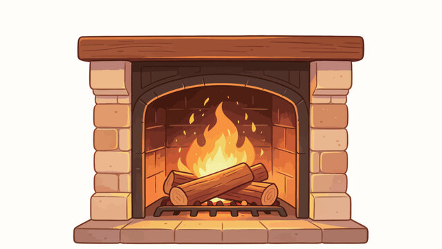 Cozy Cartoon Fireplace with Warm Orange Flames and Stone Hearth, Vector Art Illustration Style