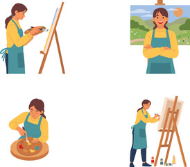 Fototapeta premium Female Artist Painting on Canvas Vector Character Set Featuring Woman Painter Wearing Apron with Wooden Easel Palette and Landscape Artwork