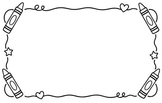 Crayon border frame featuring cute hand drawn doodle hearts and stars on a white background