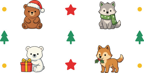 Cute Christmas Animals Vector Set Featuring Cartoon Bear Cub in Santa Hat, Wolf with Scarf, Polar Bear, Fox, and Holiday Elements © Lal