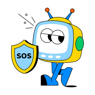 Robot support character with a security shield representing technical issue resolution. 
