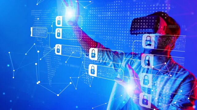 A futuristic scene depicting a user engaging with virtual reality while exploring digital security themes, highlighting interaction with data protection and cyber safety. Raster