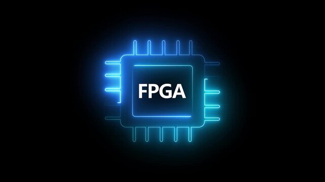 Glowing Blue Neon FPGA Processor Chip Icon Animation Loop Field Programmable Gate Array Hardware Symbol Isolated on Black Background Motion Graphic