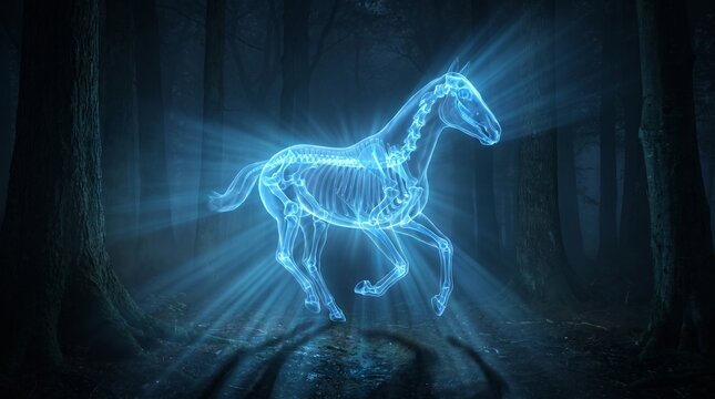 Ethereal glowing blue horse skeleton in a mystical forest