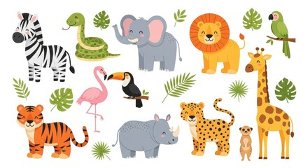 Obraz premium Cute African Safari Animals Vector Set with Lion Tiger Elephant Giraffe Zebra and Tropical Leaves for Kids Design