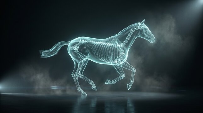 Ethereal X-ray skeletal structure of a galloping horse illuminated in a dark misty environment