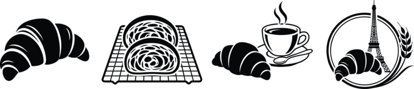 Croissant and French Bakery Icon Set with Coffee Cup Eiffel Tower and Bread