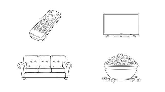 Television and home entertainment vector line art illustration set with remote control and popcorn