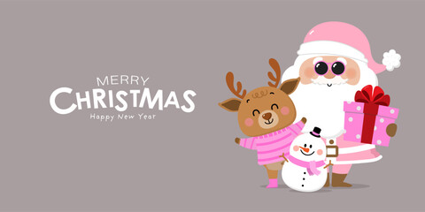 Fototapeta premium Merry Christmas and happy new year greeting card with cute Santa Claus in pink costume, deer and snowman. Holiday cartoon characters set. -Vector