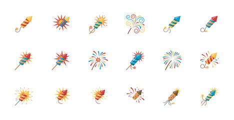 Collection of vibrant firework rocket illustrations for festive holiday and celebration designs. © tareq