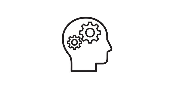 Simple outline icon showing human head with gears symbolizing cognitive process and logic