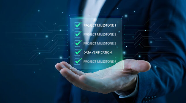 Holographic interface projection for digital business checklist verification process, suitable for presentations, business proposals, technology concepts, and digital marketing.