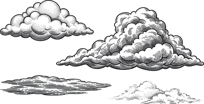 Vintage Hand Drawn Clouds Vector Set Featuring Etched Woodcut Linocut and Stippling Engraving Style Fluffy Cumulus Atmospheric Elements for Retro Landscape Designs