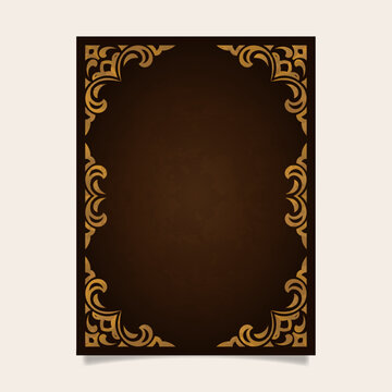 Vintage brown book cover template with ornate golden corner border design