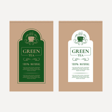 Green tea packaging design template with natural paper bag and leaf label