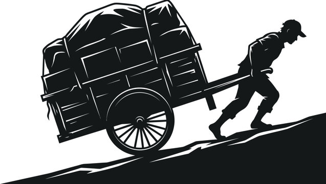 Man pulling wooden cart filled with heavy goods uphill showing hard labor and struggle in a black and white vector illustration on a white background