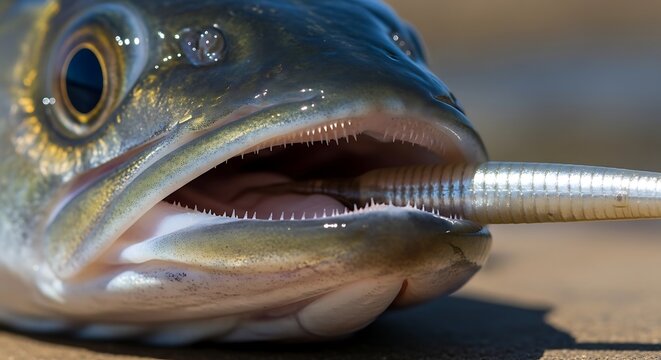 Walleye fish with fishing lure close up