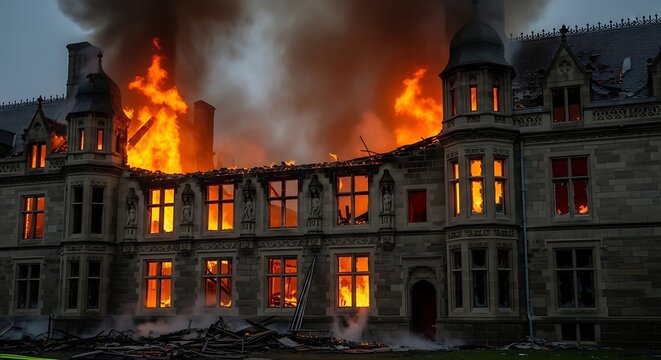 Building on fire with flames and smoke