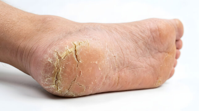 Closeup of a persons foot with severely cracked and dry skin on the heel indicating a common dermatological condition 2.