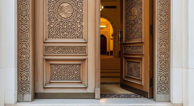 Wooden door with islamic carvings at a mosque entrance