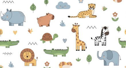 Obraz premium Cute Safari Animal Seamless Pattern with Lion, Giraffe, Elephant, and Zebra for Kids Nursery Decor and Fabric Design