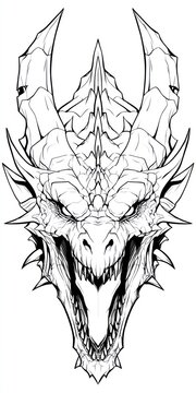 Detailed black and white illustration of a dragon head with sharp teeth and horns